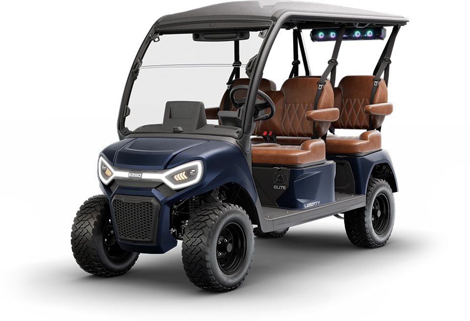 E-Z-GO Liberty 4F XTL six passenger golf car in matte blue